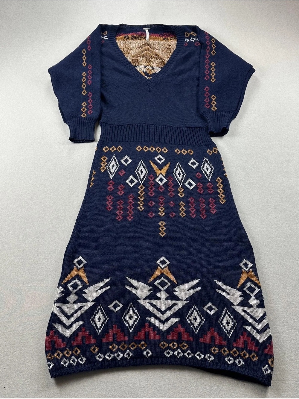 Free People Navy Knit Dress with Burgundy, Tan & White Geometric Pattern